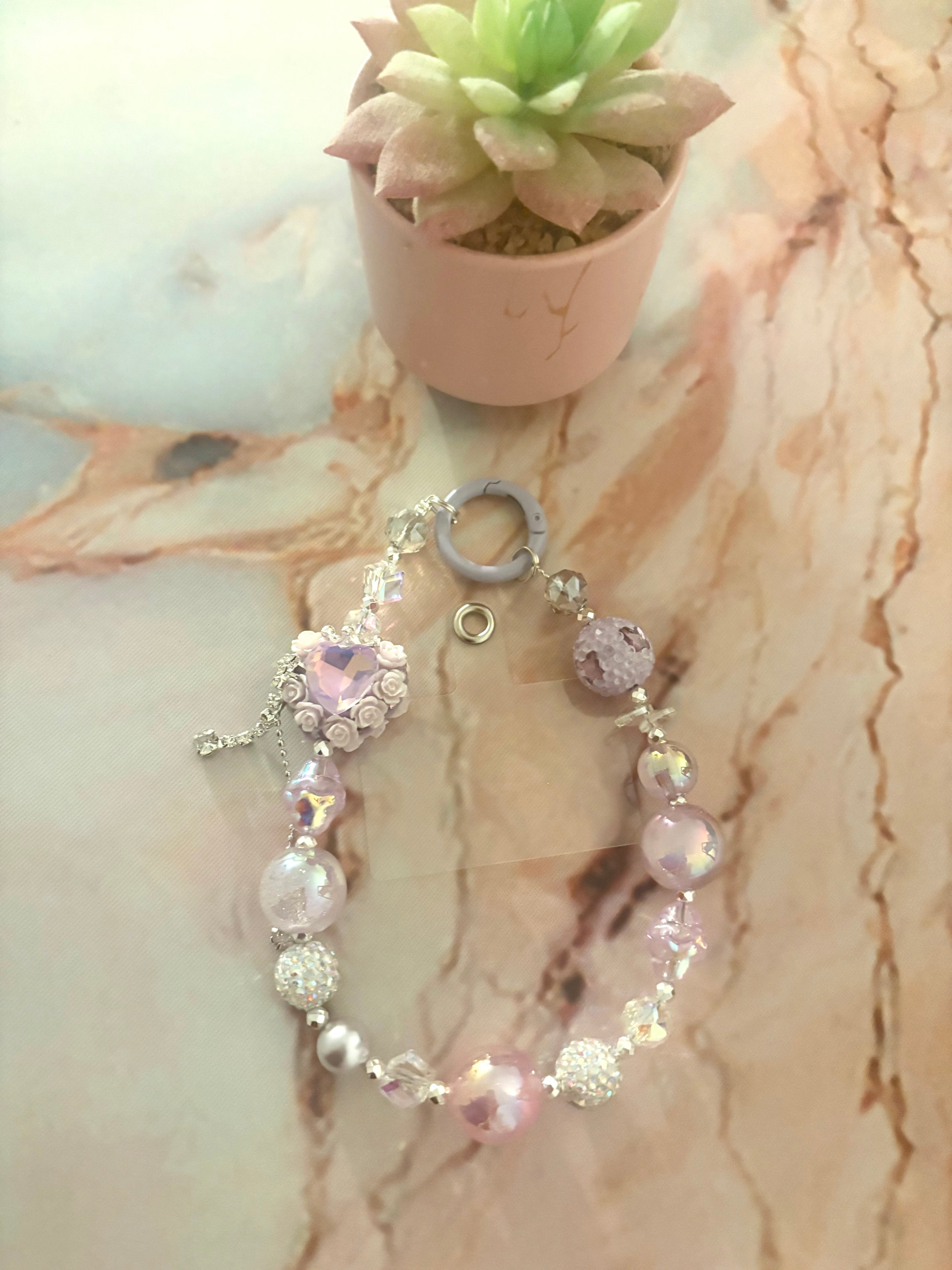 Lilac Crystal Heart & Rose Charm Phone Strap – Y2K Style, Ages 13+