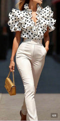Ruffle Polka Dot Blouse – Elegant Chic Top, Size L