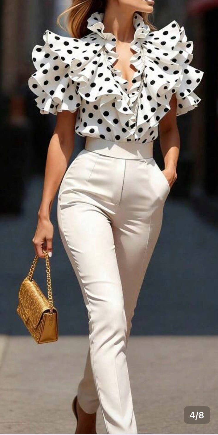 Ruffle Polka Dot Blouse – Elegant Chic Top, Size L