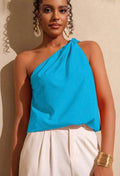 One-Shoulder Tie-Front Top – Light Blue, Asymmetrical, Size L