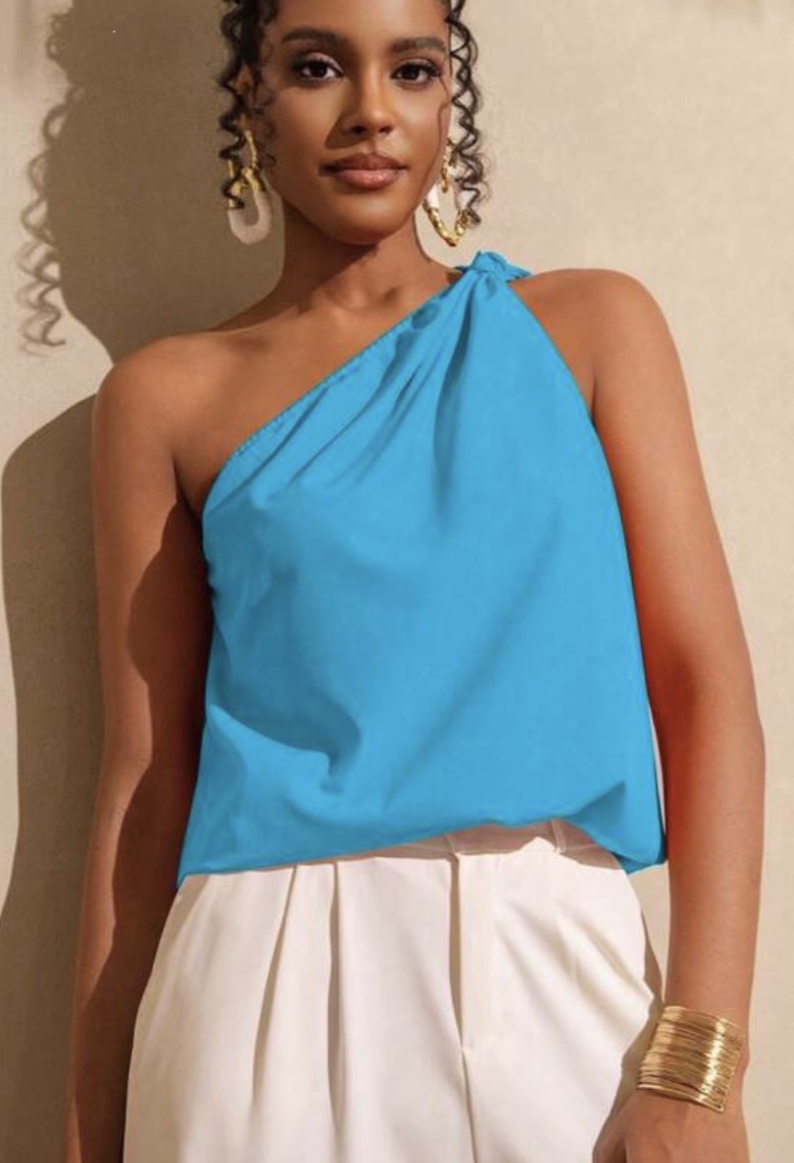 One-Shoulder Tie-Front Top – Light Blue, Asymmetrical, Size L