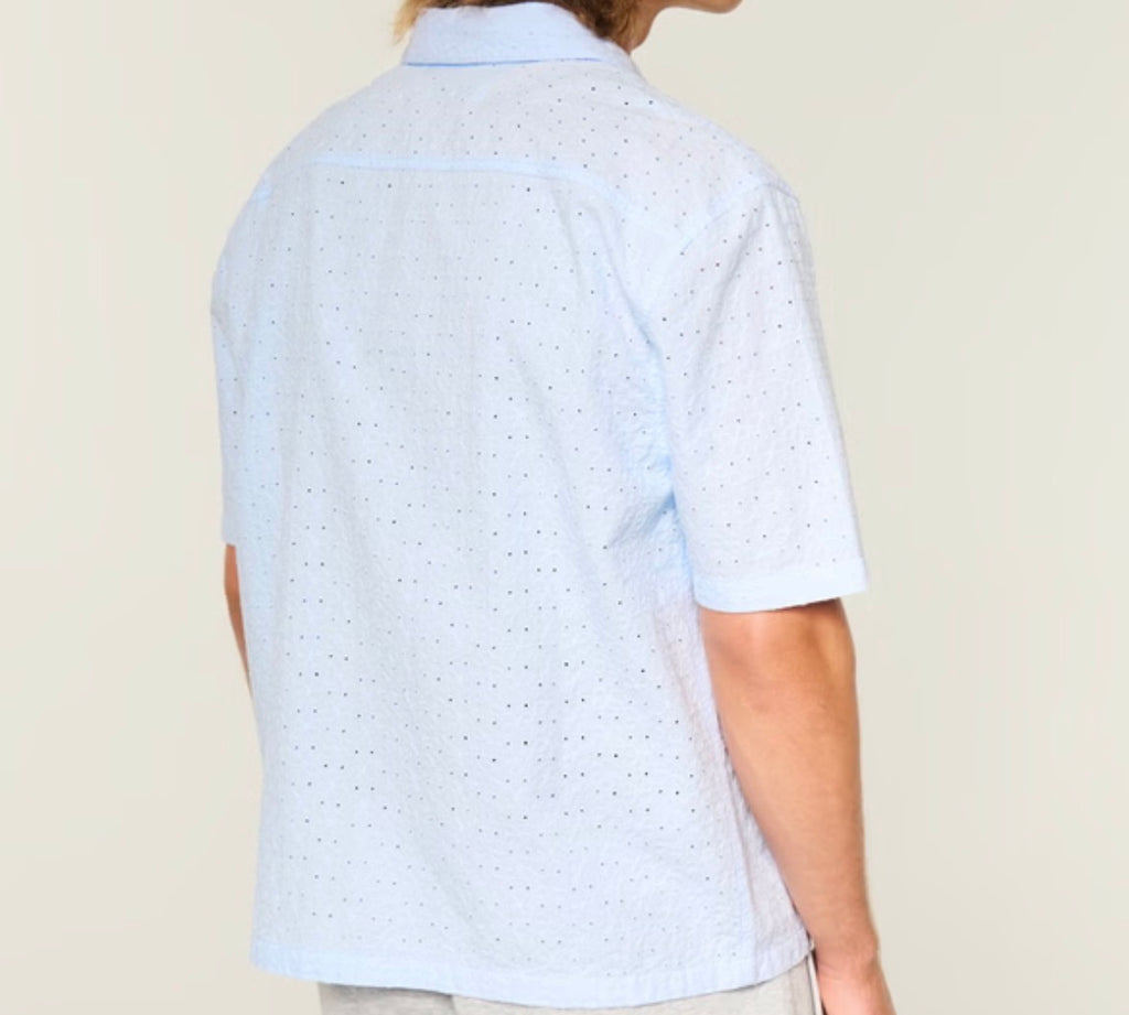 Hollister Embroidered Eyelet Shirt – Men's, Light Blue, New, Pre-owned