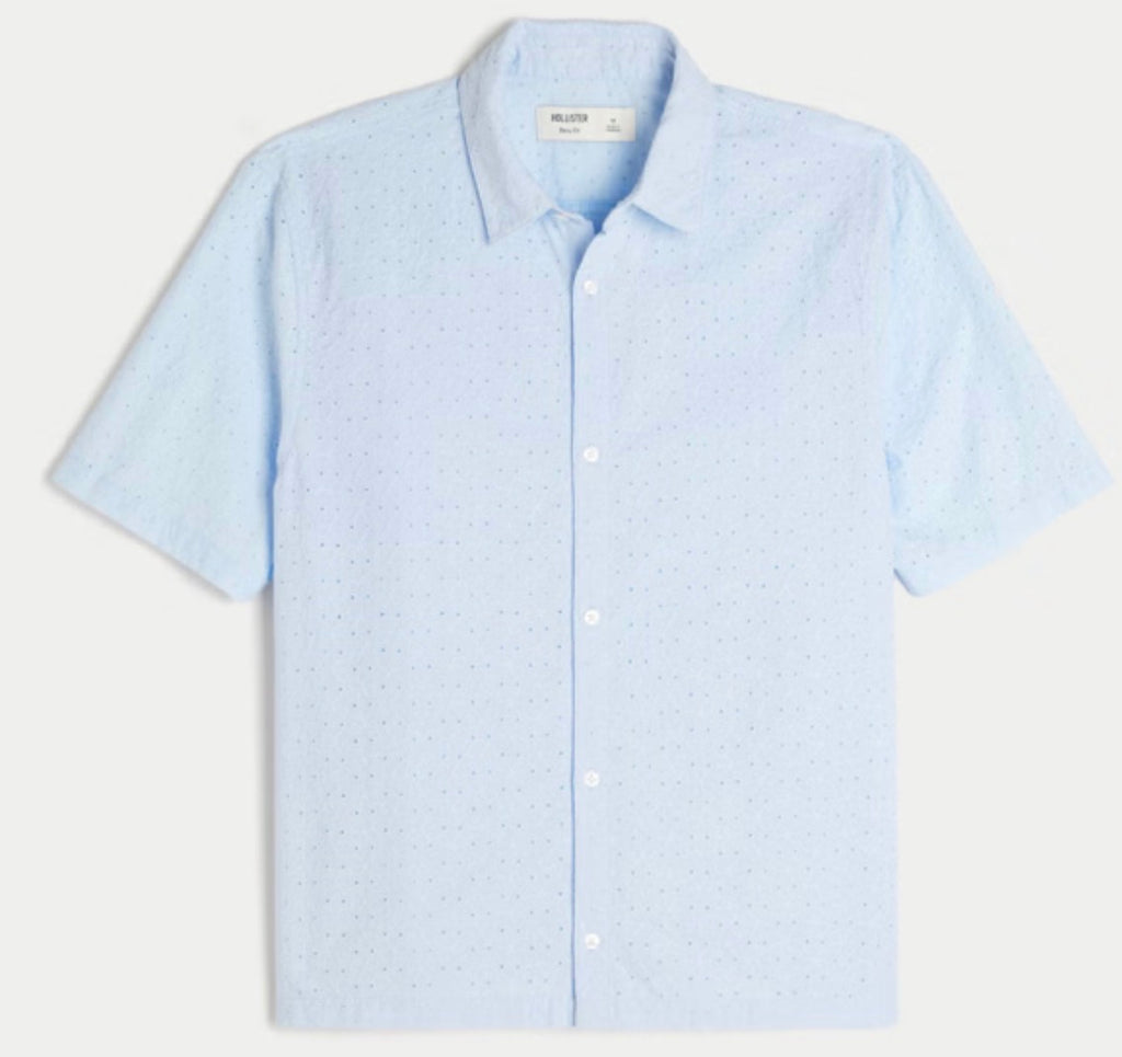 Hollister Embroidered Eyelet Shirt – Men's, Light Blue, New, Pre-owned