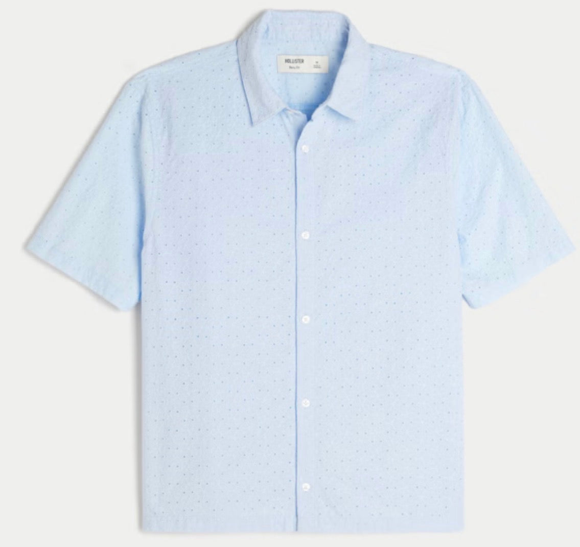 Hollister Embroidered Eyelet Shirt – Men's, Light Blue, New, Pre-owned
